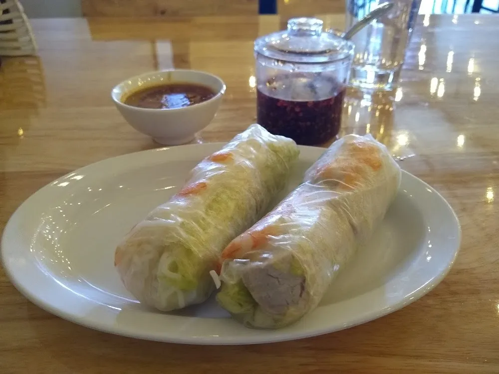Shrimp and Chicken Spring Rolls with Peanut Sauce